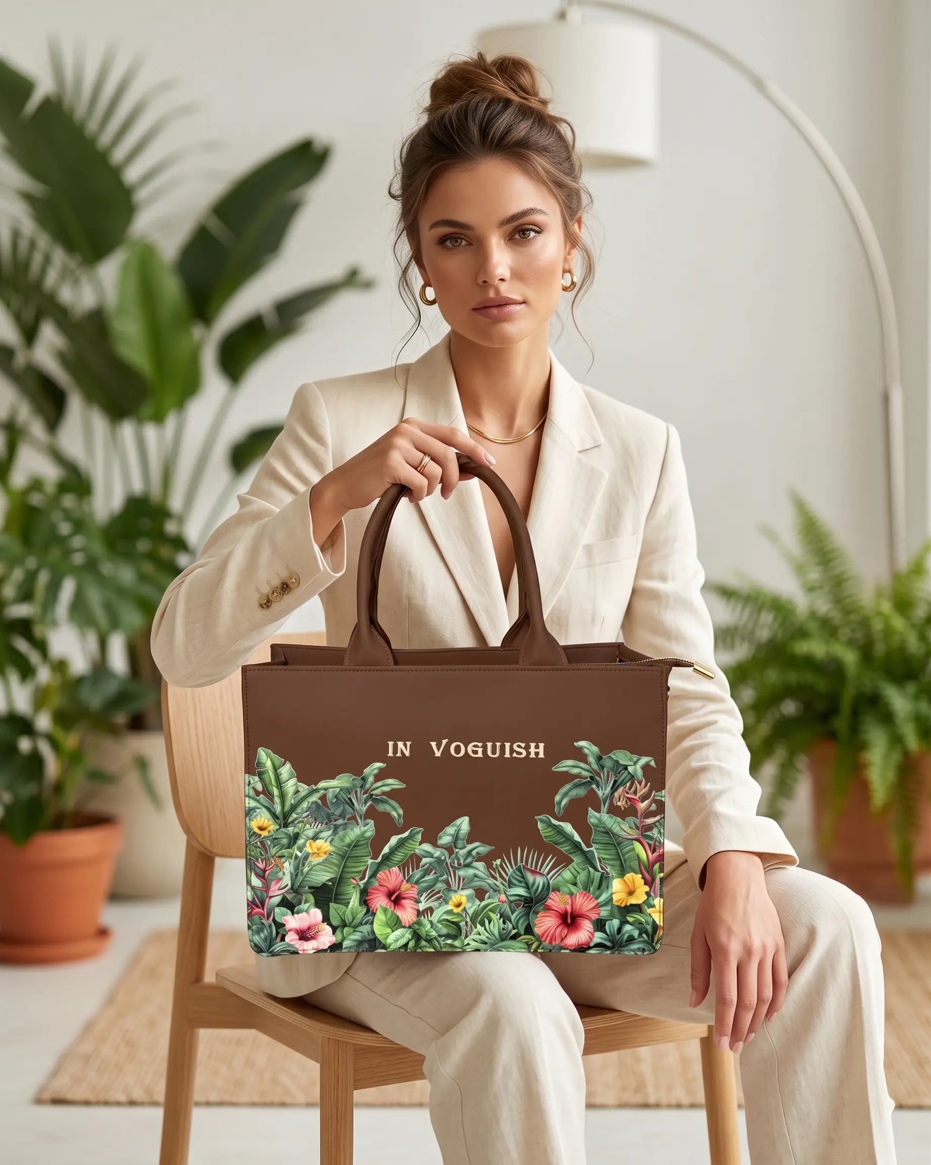 Brown Tropical Floral Embossed Artwork Customized bag