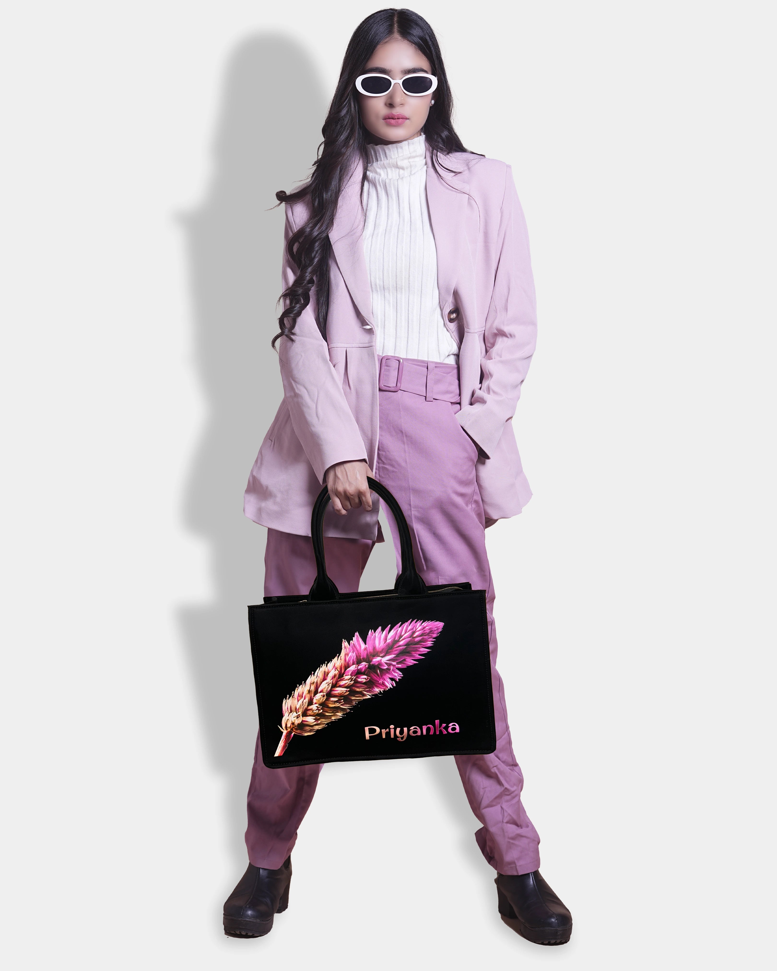 Beautiful Flower Design Up Embossed On Glossy Leather Personalized Tote Bag