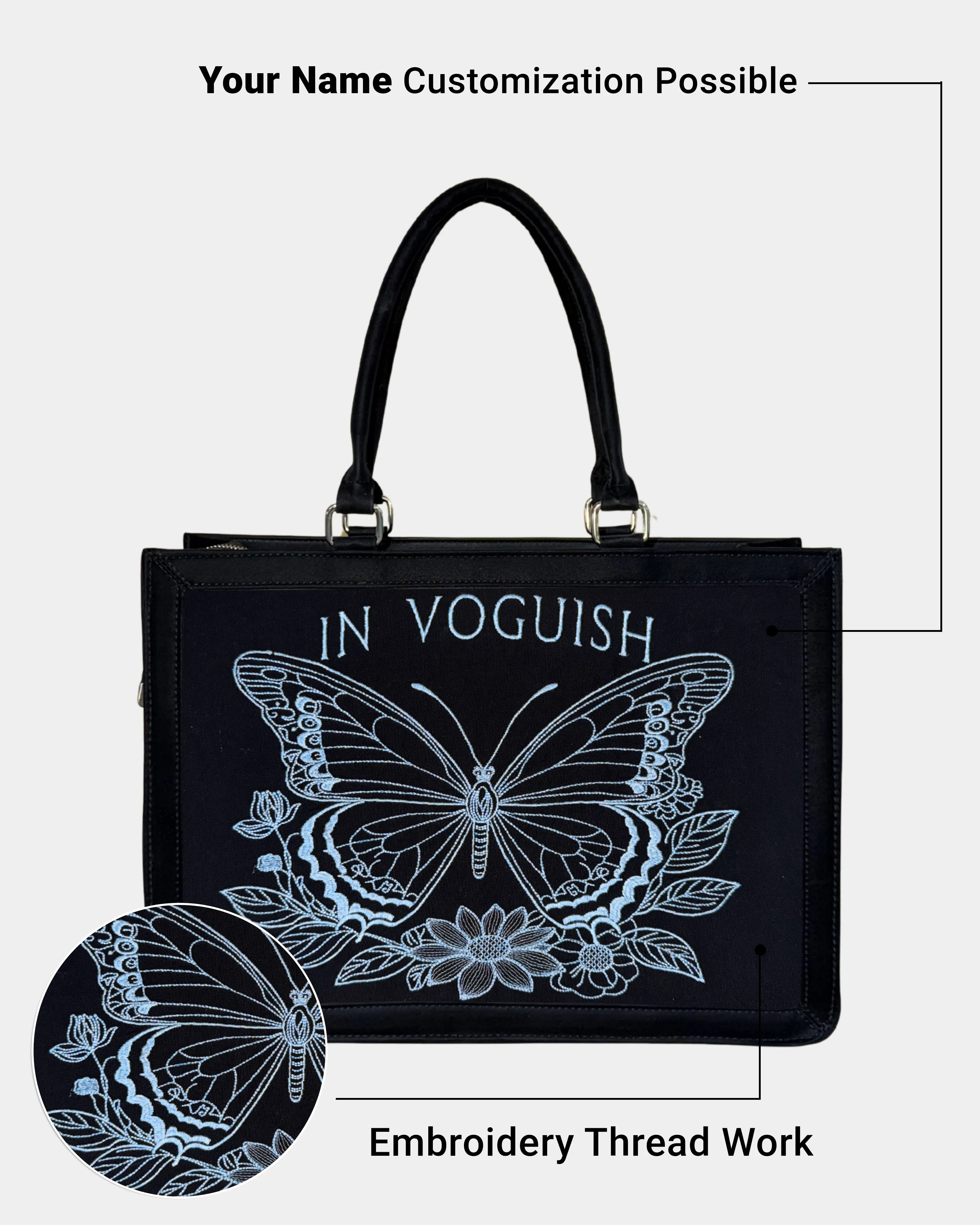 Midnight Butterfly Personalized Embroidered Tote Bag with Suede Feel & Premium Sky Blue Thread Embroidery