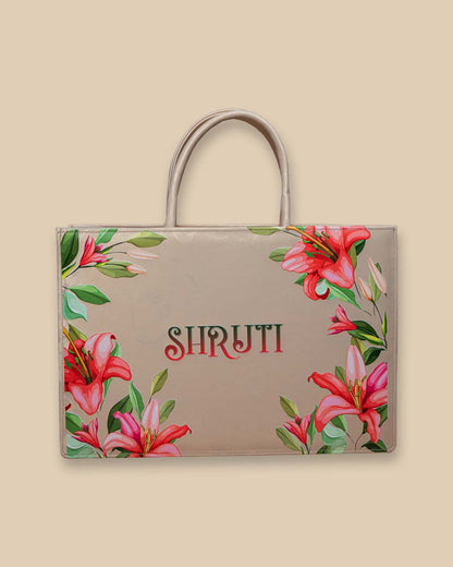 Red Lily Flower Up Embossed On Glossy Leather Personalized Tote Bag