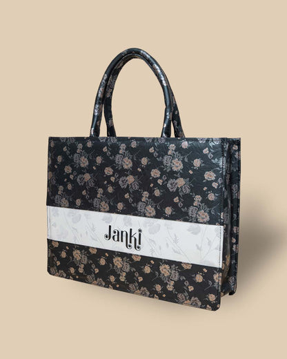 Flower Pattern Personalized Tote Bag Black